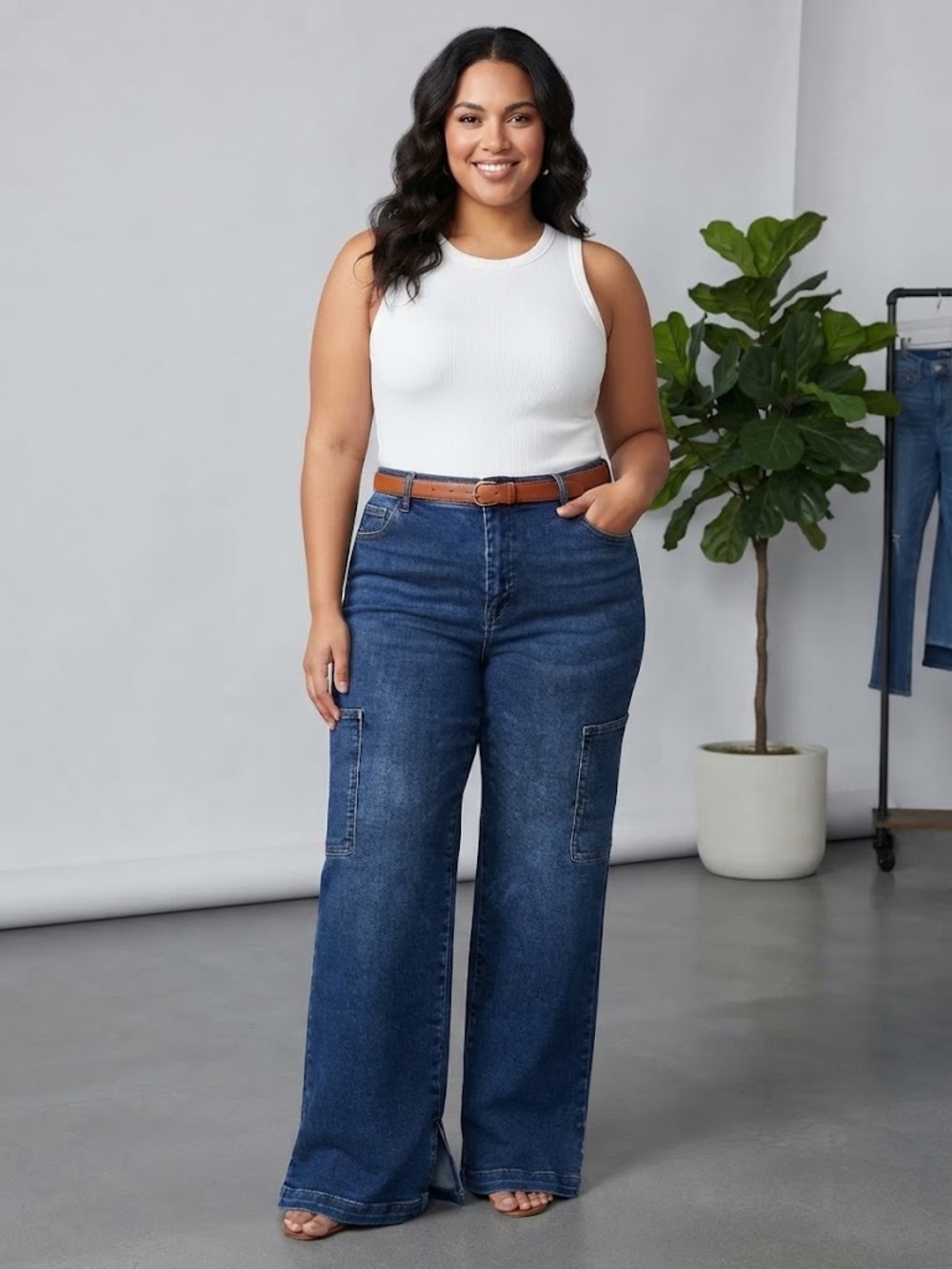Judy Blue size 14W Wide Leg Cargo Jeans in Dark Blue - Women's Comfort Fit